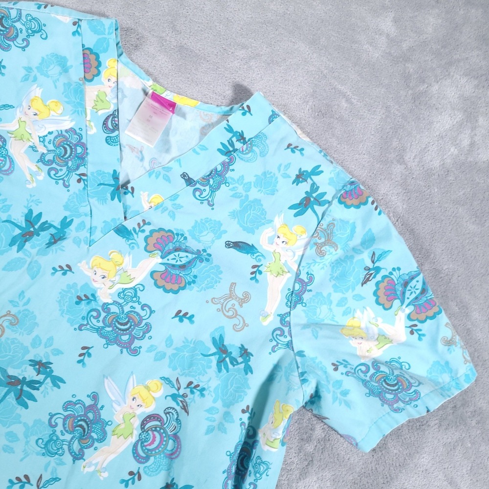 Disney Scrub Top Women Medium Teal Tinkerbell Floral V-Neck Short Sleeve Medical